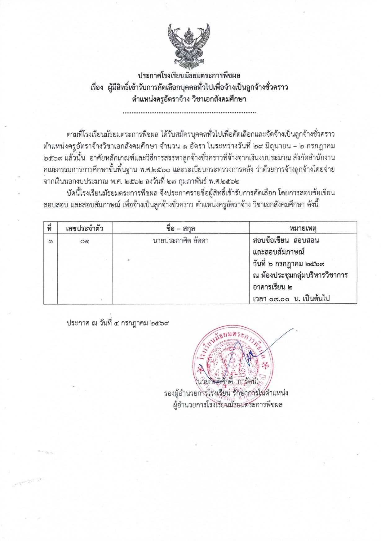 ประกาศรายชื่อผู้มีสิทธิ์สอบครูอัตราจ้าง วิชาเอกสังคมศึกษา